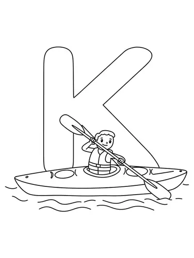 A large letter K with a cartoon kayak and paddle on water, designed simply for kids.