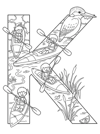 Coloring page with the letter K, kayaks on a river, kids paddling, and river nature.