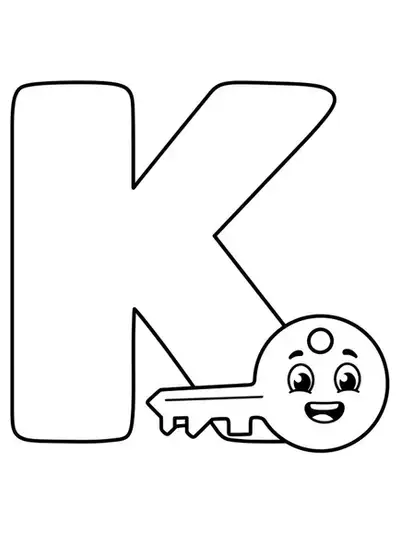A large letter K with a big cartoon key next to it, both designed simply and clearly.