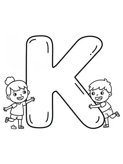 A large letter K with two cartoon kids happily playing next to it.