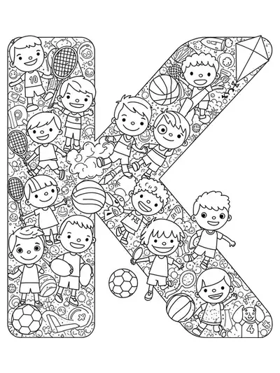 Coloring page of the letter K with detailed kids playing sports, balls, kites, and sports equipment.
