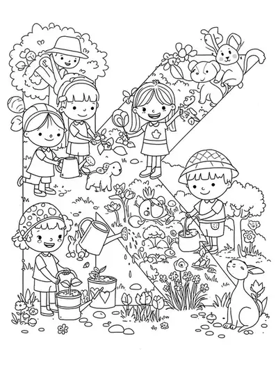 Medium detail coloring page with the letter K, children watering plants and helping animals in a garden.