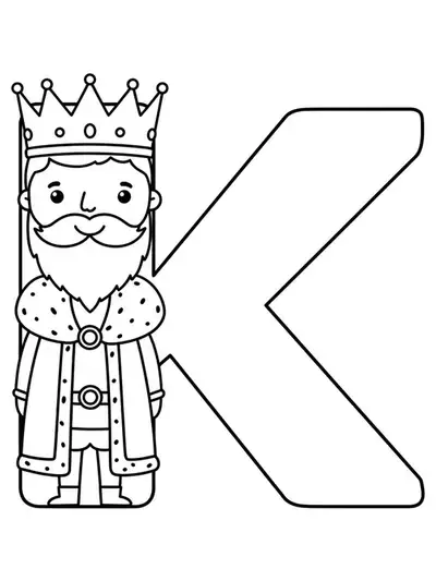 A large letter K with a cartoon king wearing a crown and robe, smiling.