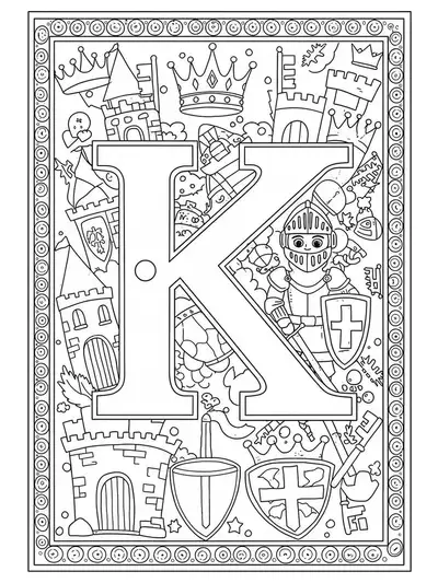 Medium detail coloring page with the letter K, castles, knights, and kingdom-themed objects.
