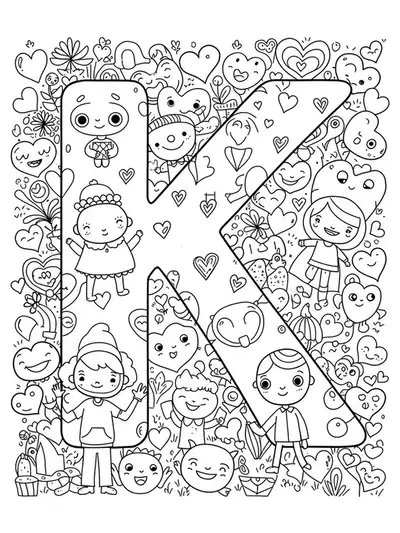 Coloring page of the letter K surrounded by detailed hearts, smiling characters, and kind actions.