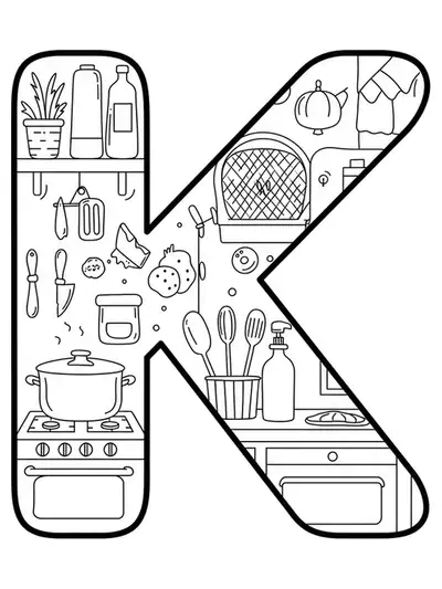 A large letter K with simple kitchen items like a pot, stove, and spatula.