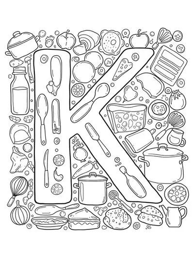 Intricate coloring page of the letter K surrounded by kitchen utensils, pans, and cooking food.