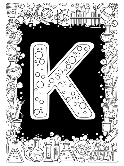 Coloring page showing the letter K with detailed beakers, potions, and science tools.