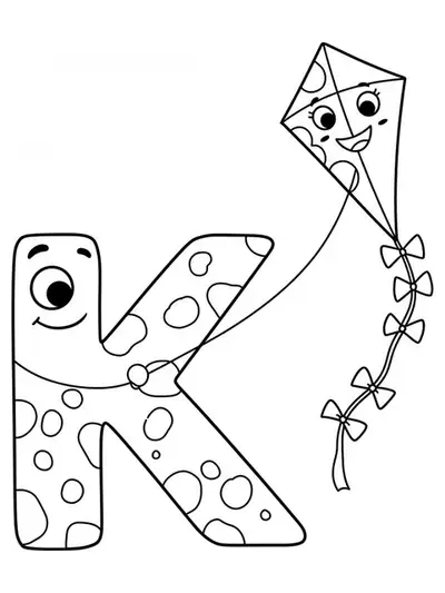 A large letter K with a simple kite flying next to it, with a long tail and bows.