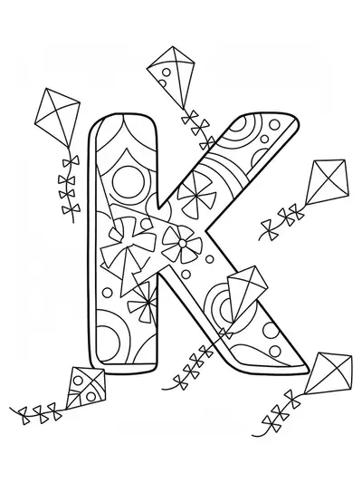 A large letter K with several simple kites flying around it, friendly and festive.