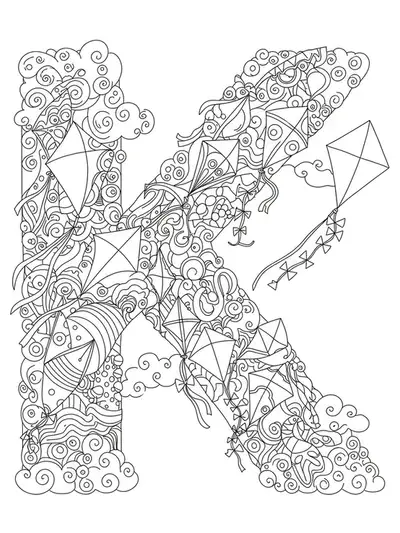 Intricate coloring page featuring the letter K with many detailed kites, string patterns, and clouds for preschoolers.
