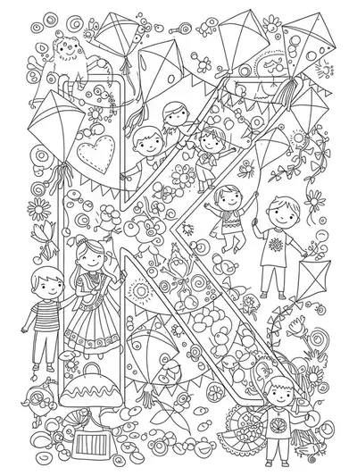 Letter K coloring page with kites, kids flying them, and festival decorations.