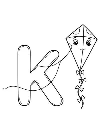Simple coloring page with a large letter K and a big kite flying, suitable for preschoolers.