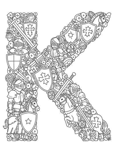 Coloring page with the letter K, detailed knights in armor, shields, swords, and horses.