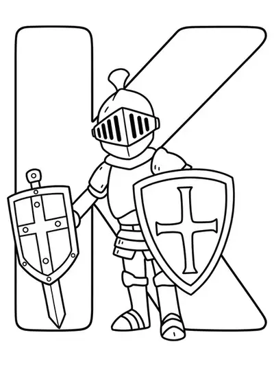 A large letter K with a smiling cartoon knight in armor holding a shield.