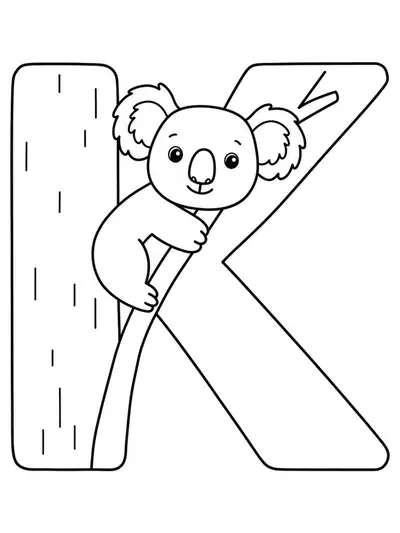 A large letter K with a simple cartoon koala hanging from a tree branch.