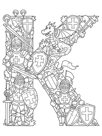 Coloring page with the letter K, knights in armor, dragon, shields, and keys.