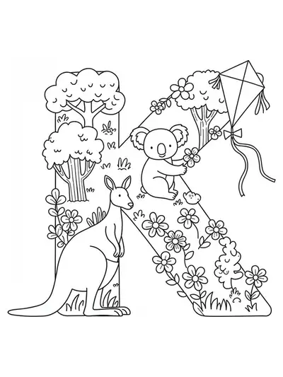 Coloring page with the letter K, kangaroo, koala, and a kite in a nature setting.