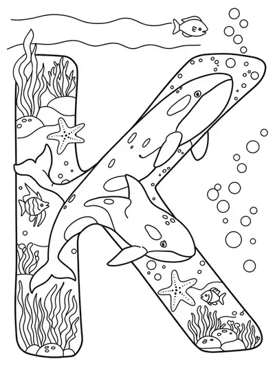 Coloring page showing the letter K with detailed killer whales, seaweed, fish, and bubbles.