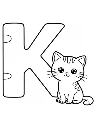 Large letter K with a simple kitten sitting next to it for easy preschool coloring.