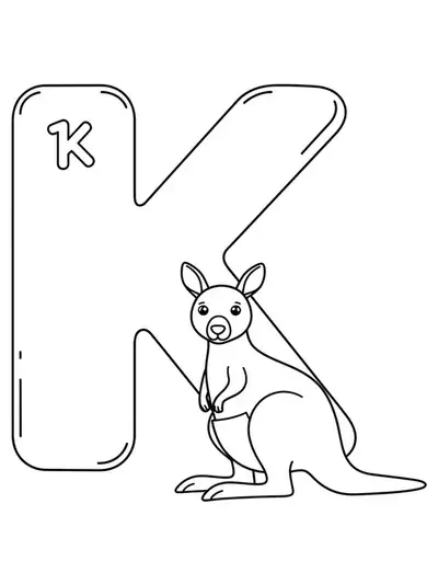 Easy coloring page with large letter K and a friendly kangaroo for preschool kids.