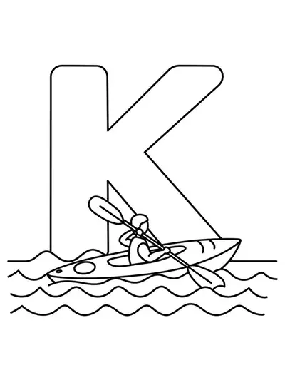 Large letter K with a simple kayak on water, designed for preschool coloring.