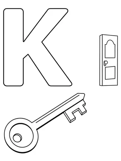 Large letter K with a key and a simple door, easy to color for preschoolers.