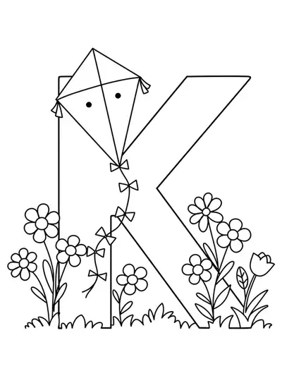 Large letter K with a simple kite and spring flowers, easy for young children to color.
