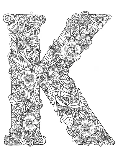 Coloring page of the letter K surrounded by floral mandala patterns and botanical accents, medium detail, for teens.
