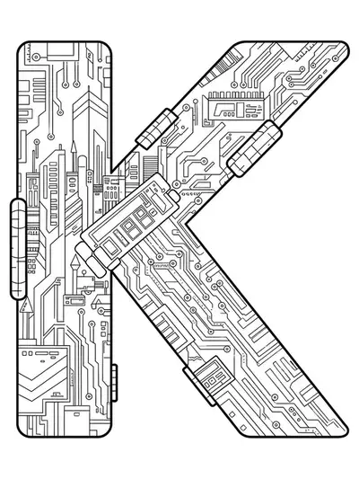 Coloring page of the letter K with cyberpunk cityscape, circuit boards, and digital elements, medium detail, for teens.
