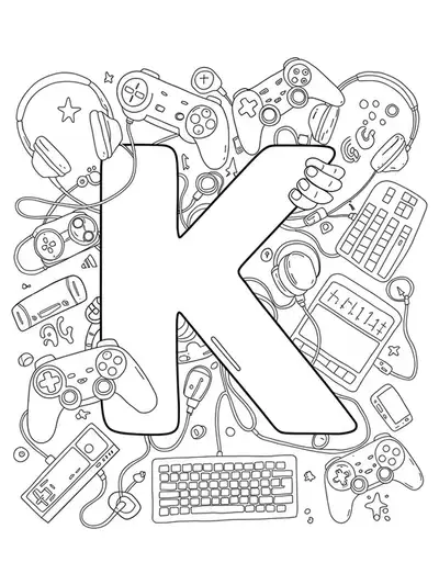 Letter K coloring page with gaming gear like controllers and headsets, easy and bold outlines.