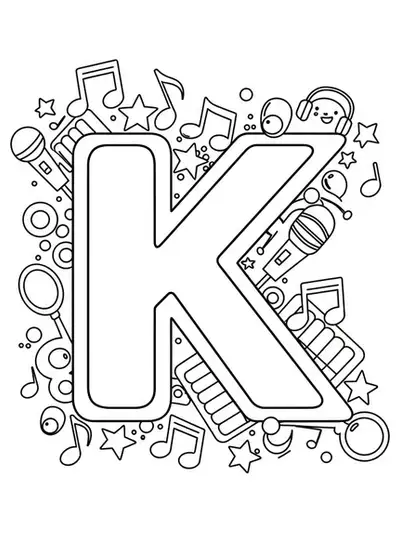 Letter K coloring page with K-Pop themed elements like music notes and microphones, outlined in simple black and white.