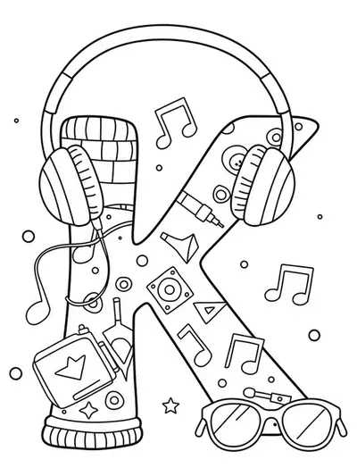 Coloring page of the letter K with headphones, music notes, and K-Pop accessories, medium detail, for teens.