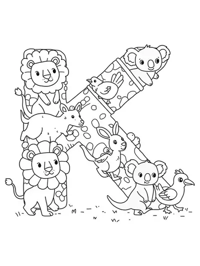 Large letter K with various animals (lion, kangaroo, koala, birds) walking in a parade.