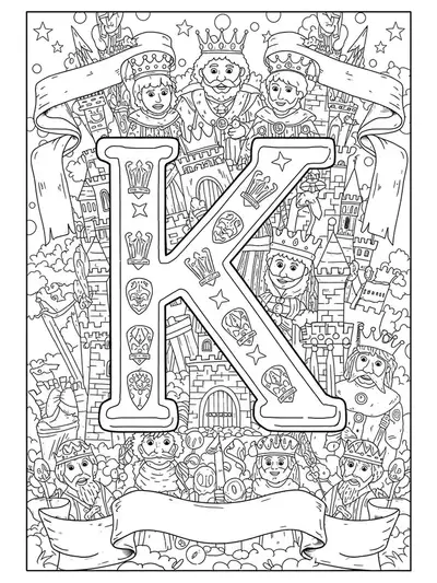 Coloring page with the letter K, detailed castles, kings with crowns, and fancy banners for preschoolers.