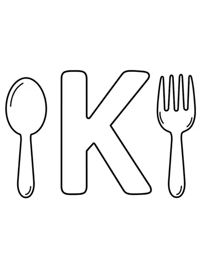 Large letter K with spoon and fork, easy kitchen theme for preschool coloring.