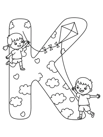 Large letter K with kids flying kites around it, simple and easy for preschool coloring.