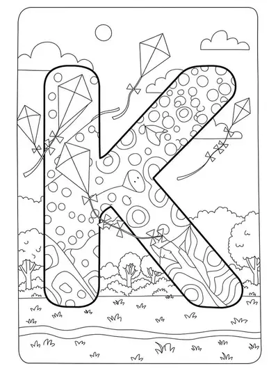Large letter K with several kites flying, trees, and clouds in the background, designed for preschool coloring.