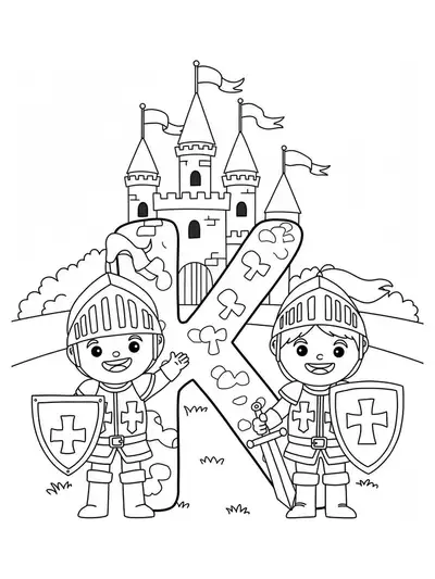 Letter K with two cheerful knights standing beside a castle, suitable for preschool fantasy coloring.