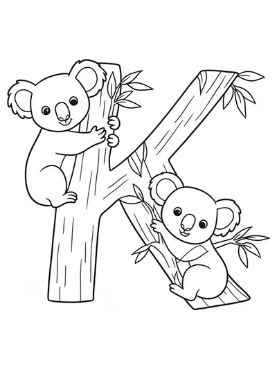 Letter K with two koalas clinging to a tree branch, leaves all around.