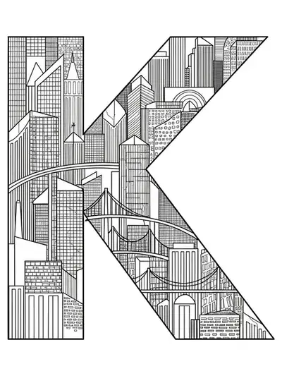 Coloring page of the letter K with geometric architectural buildings, skyscrapers, and city lines, medium detail, for teens.