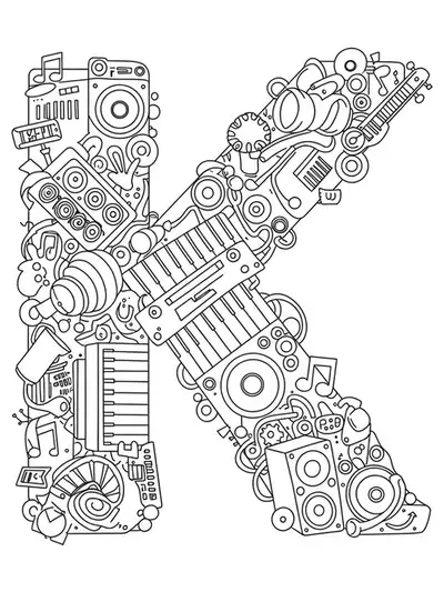 Letter K coloring page with music festival items like stage lights and speakers, outlined in black and white.