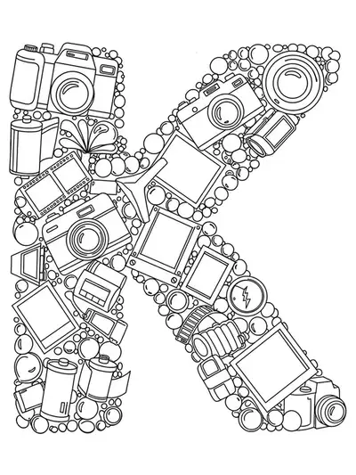 Letter K coloring page with camera, film roll, and photo frame icons, outlined for easy coloring.