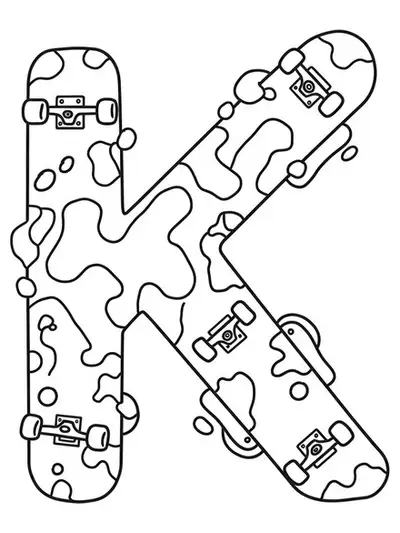 Letter K coloring page with skateboards and graffiti-style shapes, simple lines for easy coloring.