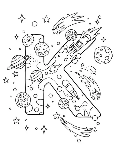 Letter K coloring page with space elements like planets and stars in easy black and white outlines.