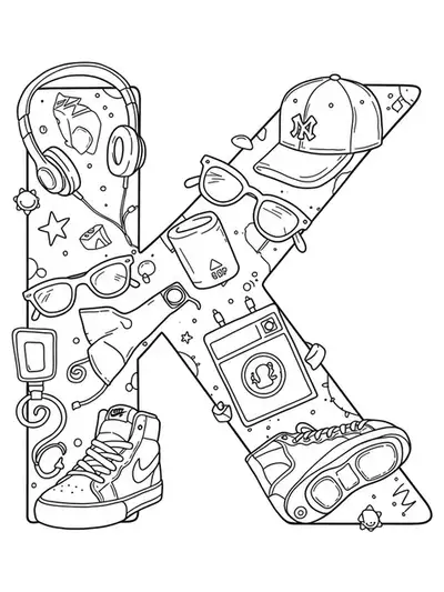 Letter K coloring page with street fashion items like sneakers and headphones, black and white line art.