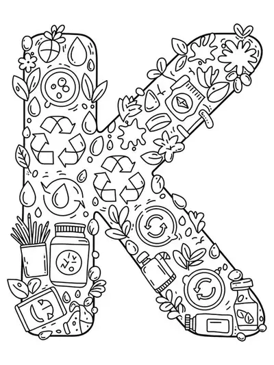 Letter K coloring page with eco-friendly icons like recycling signs and leaves, in simple black and white outlines.