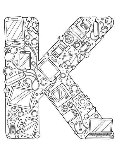 Letter K coloring page with tech gadgets like smartphones and laptops, outlined simply for easy coloring.