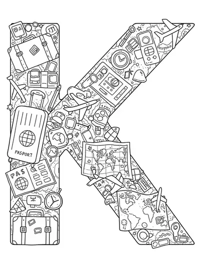Letter K coloring page with travel icons like suitcases, airplanes, and maps, in simple black and white outlines.
