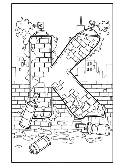 Coloring page of the letter K styled as graffiti with spray cans and cityscape, medium detail, for teens.
